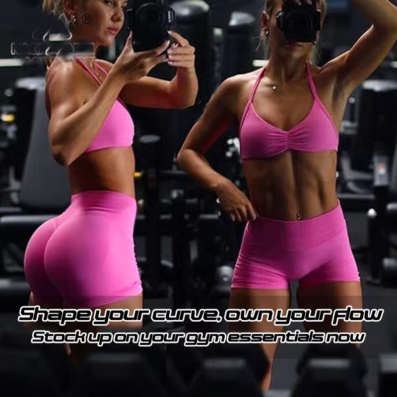 Custom Women's Yoga Fitness Set Breathable Solid Seamless Spandex/Nylon Sport Bra &amp; Shorts Hip Up 2-Piece Activewear Gym Suit