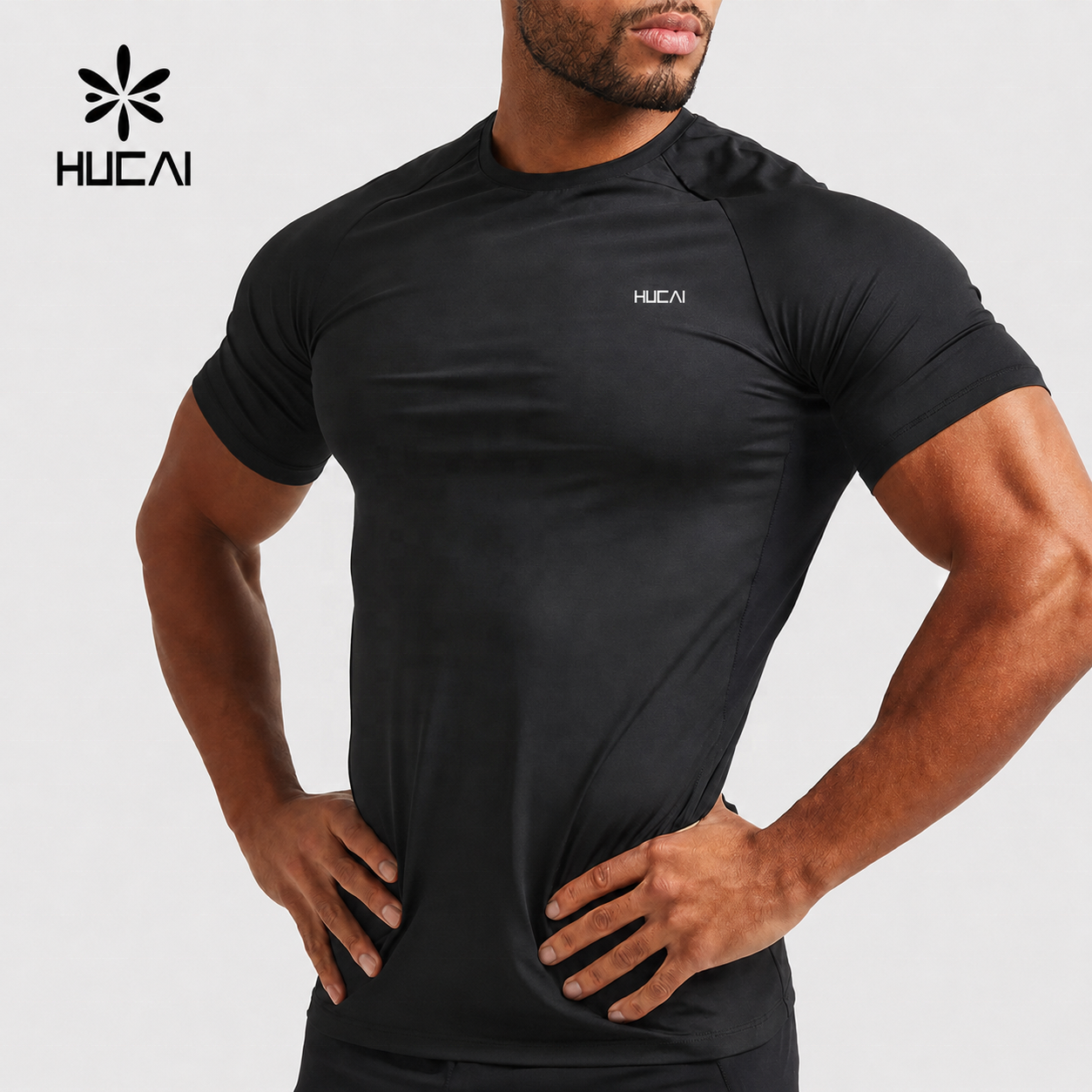 HUCAI OEM Customized Manufacturer Nylon Spandex Lightweight Muscle Fit Workout Training T-shirt Mens Compression Shirt Gym